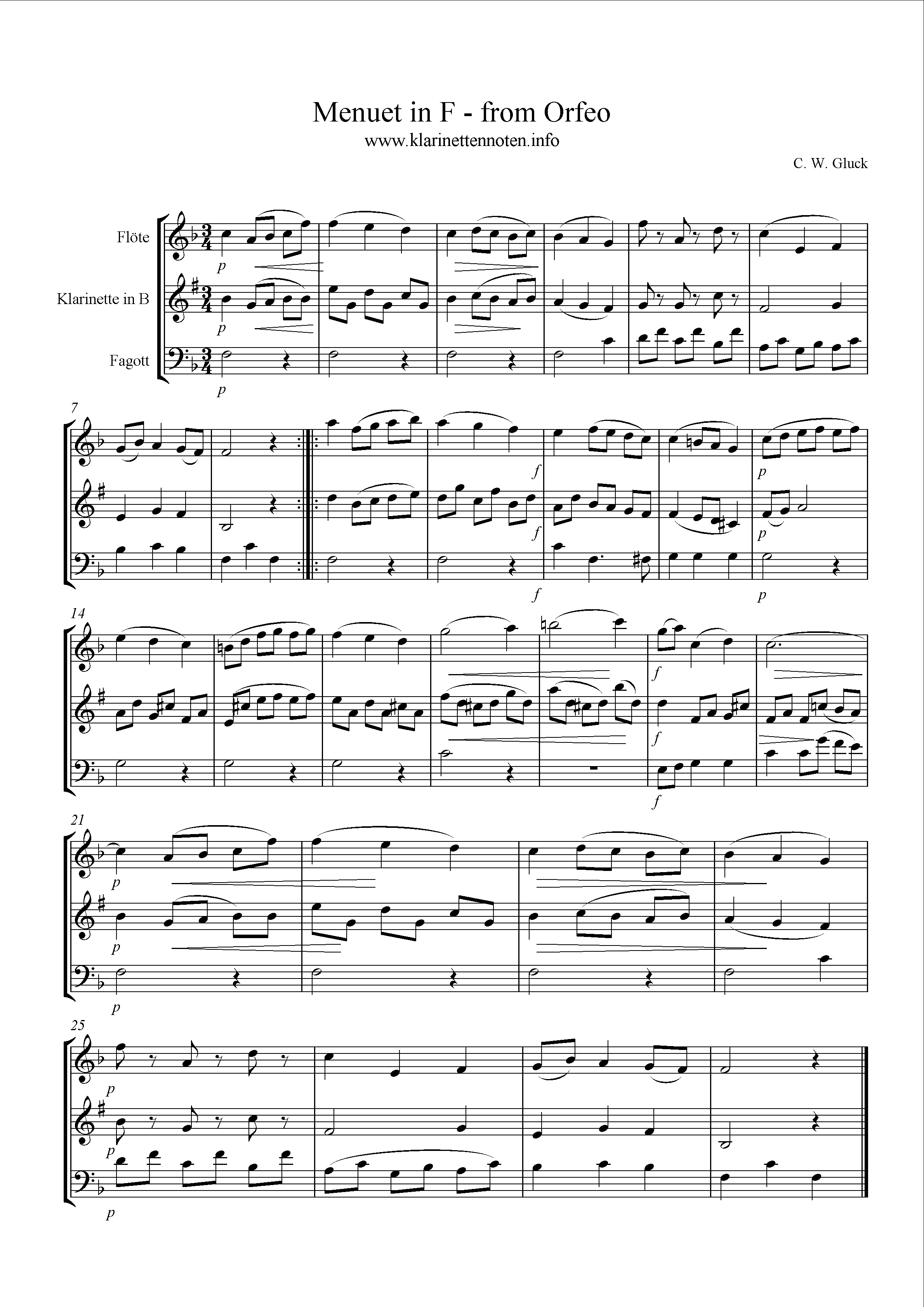 Menuet from Orfeo, Noten für Holzbläsertrio